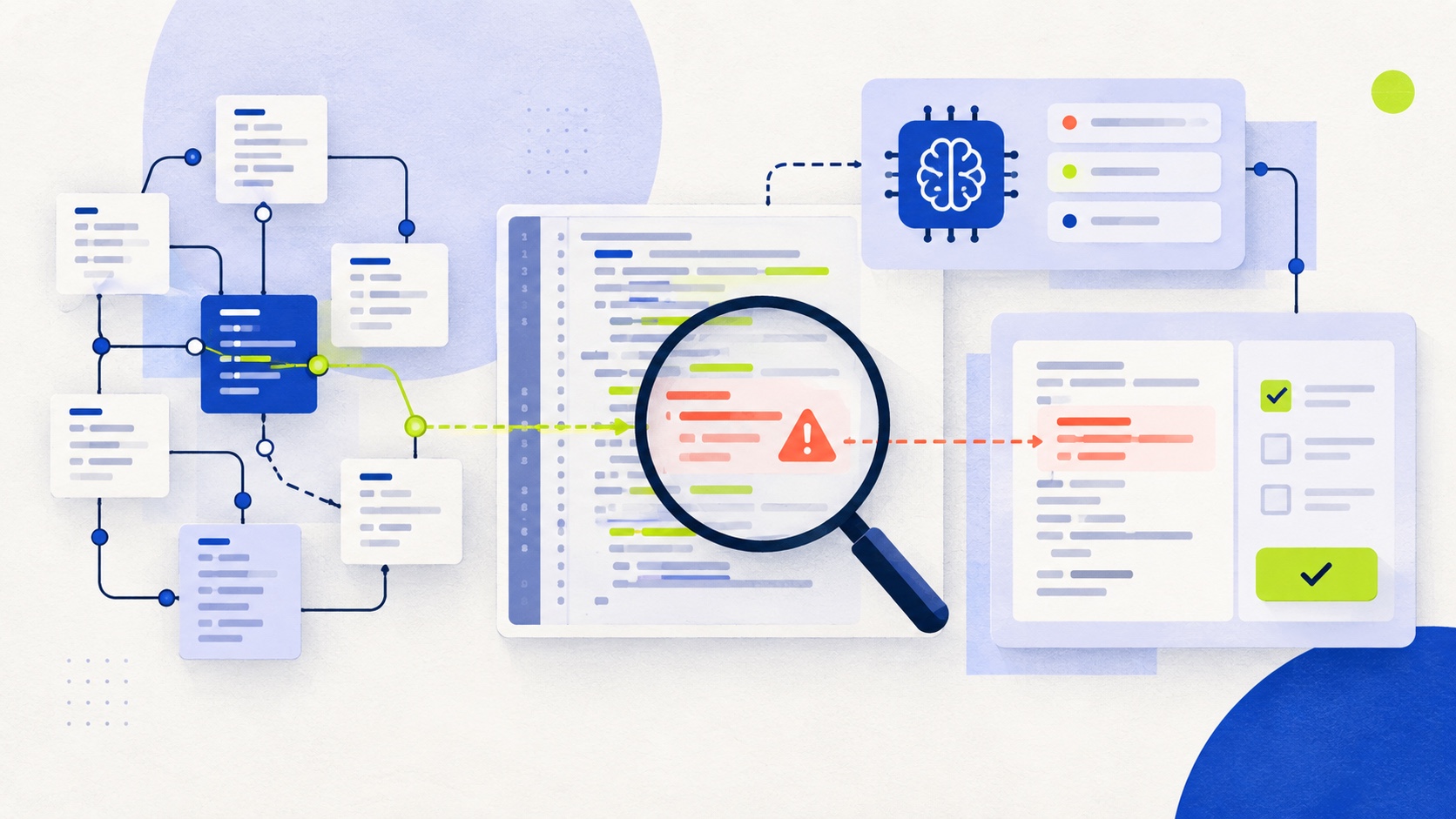 Editorial illustration of a focused inspection frame separating verified code evidence from uncertain branches.