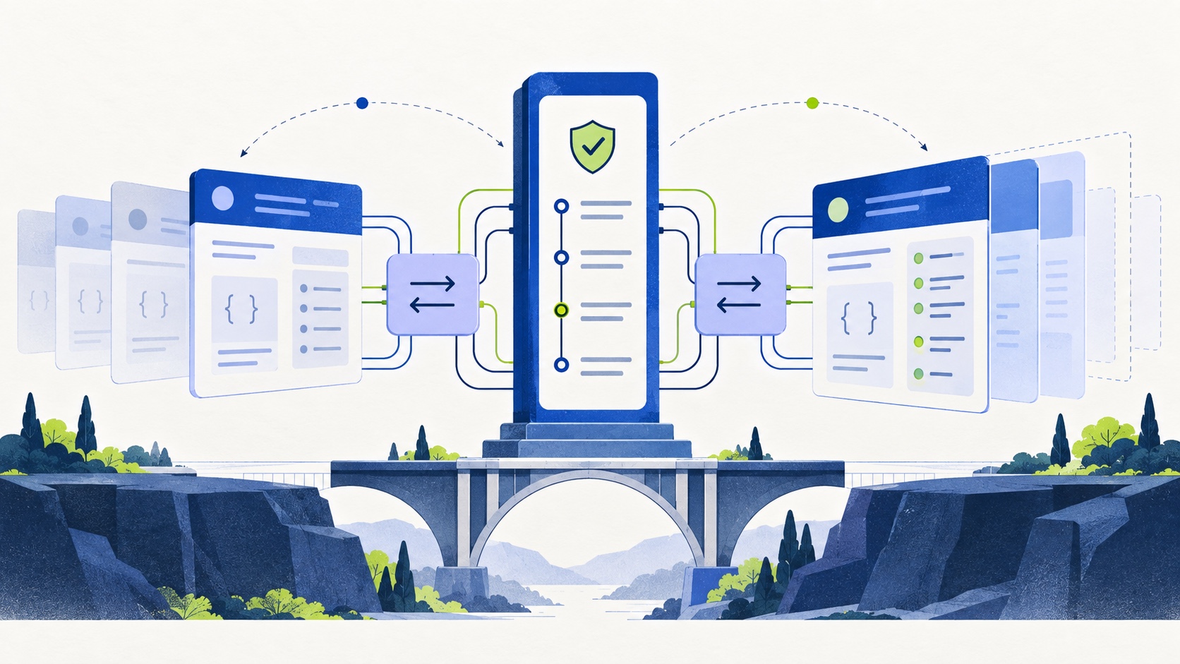 Editorial illustration of a modular bridge connecting evolving software interfaces with a compatibility path.