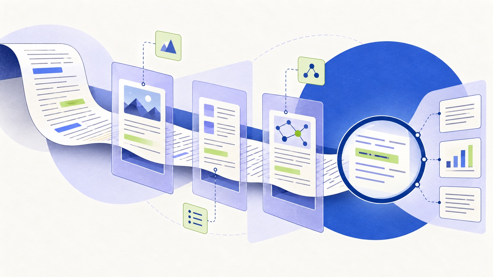 Editorial illustration of a long context stream narrowing into a focused cluster of relevant evidence.