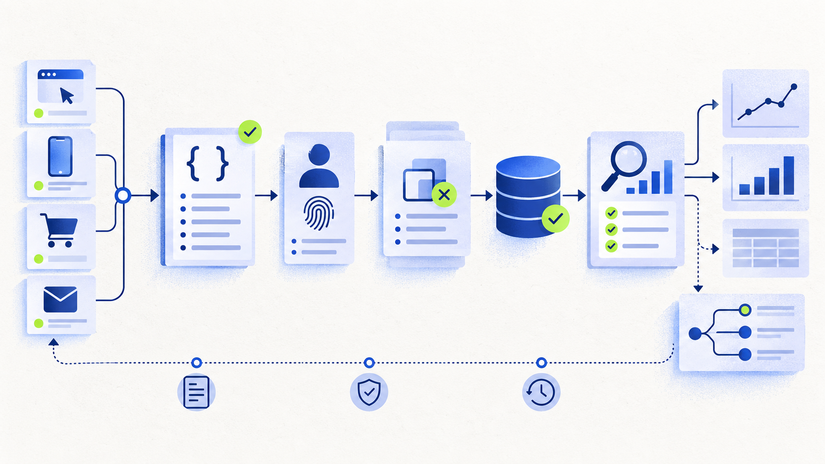Editorial illustration of conversion events passing through a contract checkpoint, identity marker, deduplication gate, and traceable audit path.